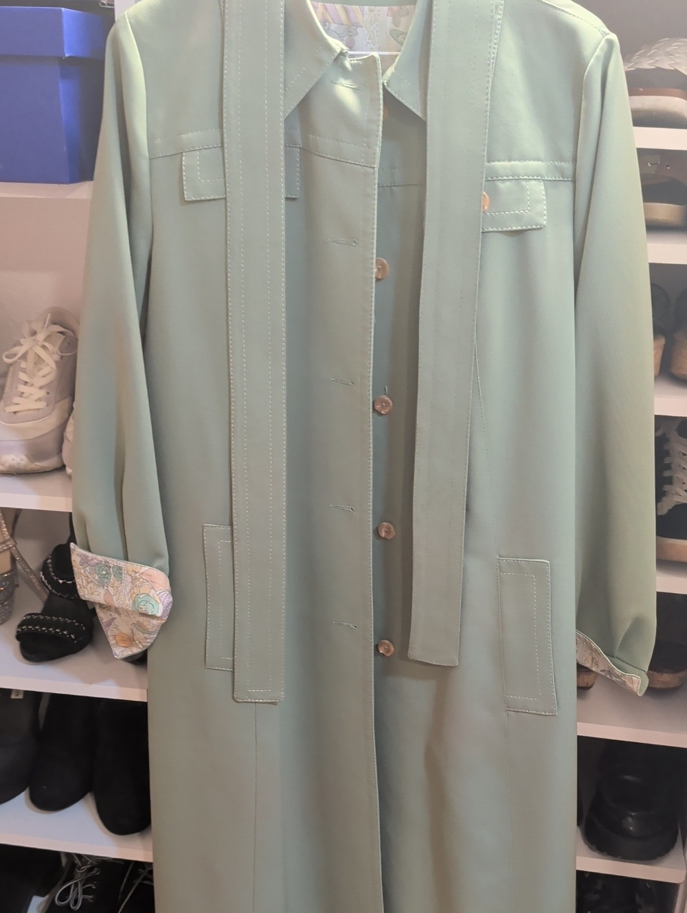 Women's Long Mint Green Trench Coat with Tie Front